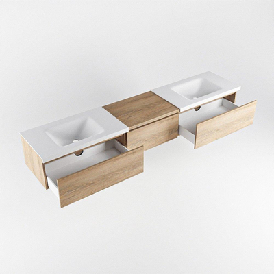 MONDIAZ BUKLA 220cm meuble de salle de bain avec module 60 couleur Chêne blanchi avec 3 tiroirs. Lavabo CLOUD double 2 trous de robinet couleur Talc.