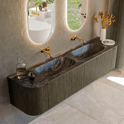 Mondiaz KURVE-DLUX Ensemble meuble de salle de bains - 190x46x40cm - 2 tiroirs - 2 portes - lavabo solid surface - double - sans trou de robinet - Shadow