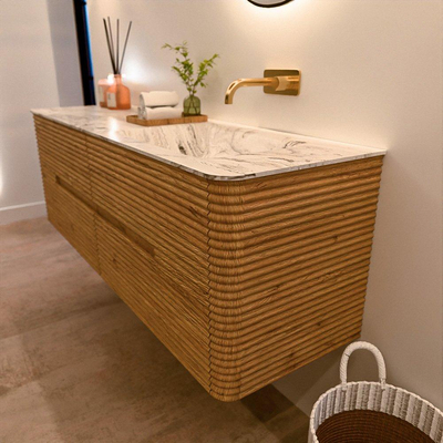 Mondiaz CIRO-DLUX Meuble de salle de bains - 150x45x50cm - Plan vasque solid surface Glace - 1 vasque à droite - sans trous de robinetterie - 4 tiroirs - Chêne