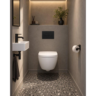 QeramiQ Dely Swirl Compact Ensemble WC - réservoir encastré QeramiQ flush - abattant 25 mm - plaque de commande en plastique noir mat - boutons rectangulaires - blanc mat