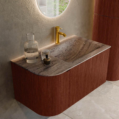 MONDIAZ KURVE-DLUX 85cm badmeubel ronding Links kleur Ruby met 1 lade en 1 deur. Wastafel CLOUD Rechts 1 kraangat Oza.