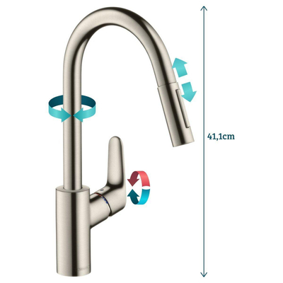 Hansgrohe Focus m41 Eengreeps keukenmengkraan - 240 met uittrekbare vuistdouche - 2 straalsoorten - rvs look