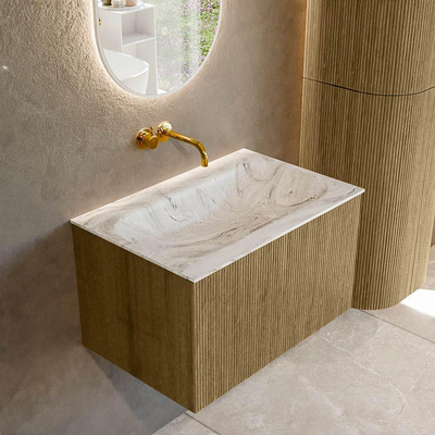 Mondiaz KURVE-DLUX Ensemble de meuble salle de bain - 70x46x40cm - 1 tiroir - lavabo en solid surface - milieu - sans trou de robinet - Dusk