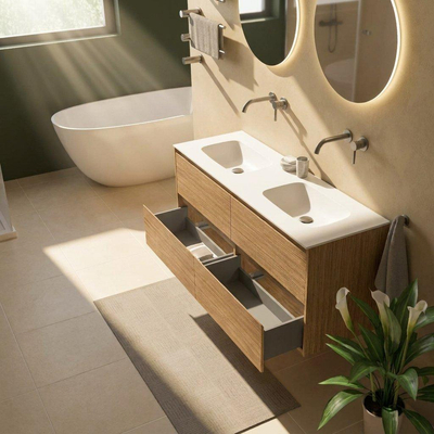 Saniclass Holz Pure Ensemble de meubles de salle de bains - 140x45x61.5cm - lavabo Flow en solid surface blanc - 2 vasques - sans trous de robinetterie - 4 tiroirs - chêne naturel mat (bois)