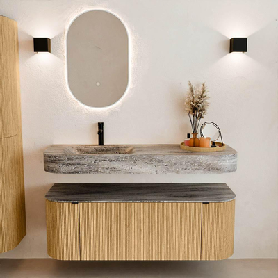 MONDIAZ THOR-DLUX 130cm meuble de salle de bains arrondi gauche + droite couleur Oak avec 1 tiroir et 2 portes. Vasque suspendue CLOUD gauche 1 trou de robinet couleur Oza.