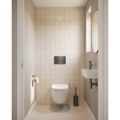 Pack WC QeramiQ Dely Swirl Compact - réservoir encastrable Geberit UP320 - avec bâti-support Burda - abattant 25 mm - plaque de commande en métal gunmetal - boutons rectangulaires - blanc brillant