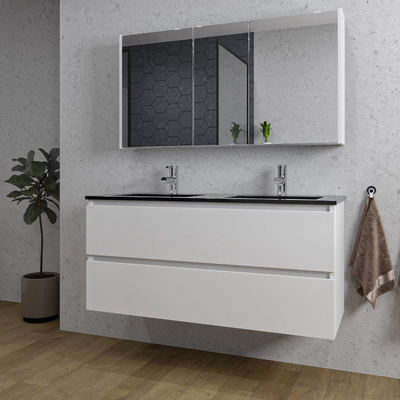 Saniclass Chaci Meuble de salle de bain - 120x46x55cm - lavabo en céramique noir - 2 vasques - 2 trous de robinet - 2 tiroirs - armoire miroir - blanc mat