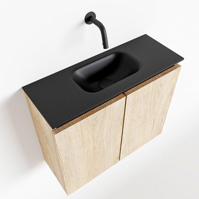 MONDIAZ TURE Fonteinset - 60x23x50cm - 0 kraangaten - 2 deuren - washed oak mat - Wasbak midden - Solid Surface Zwart