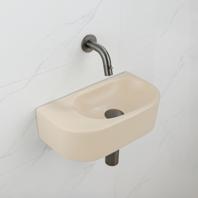 QeramiQ Fuente Fonteinset - 40x21.5x12cm - glad - halfrond - zonder kraangat - keramiek - fonteinkraan gunmetal - afvoerplug - verlaagd sifon - beige