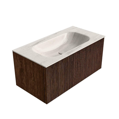 MONDIAZ KURVE-DLUX 90cm badmeubel kleur Walnut met 1 lade en 0 deuren. Wastafel BIG SMALL Midden zonder kraangat Meli.