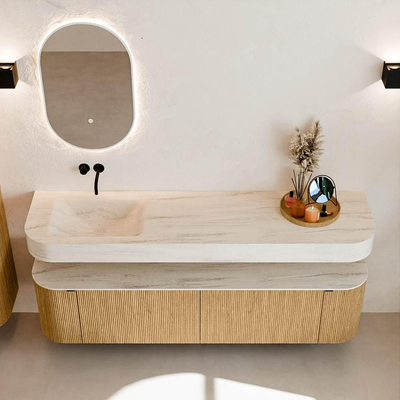MONDIAZ THOR-DLUX 180cm badmeubel ronding links + rechts kleur Oak met 2 lades en 2 deuren. Vrijhangende wastafel CLOUD Links zonder kraangat kleur Meli.