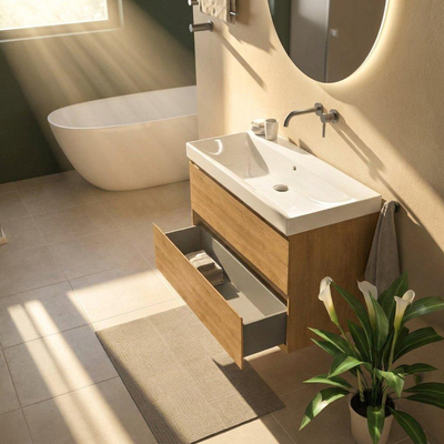 Saniclass Holz Pure Ensemble meuble de salle de bains - 100x45x67.5cm - lavabo en céramique Wave - 1 vasque - sans trou de robinet - 2 tiroirs - chêne naturel mat (bois)