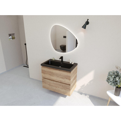 HR badmeubelen Infinity XXL 3D Ensemble meuble de salle de bains - 80 cm - 1 lavabo en céramique djazz noir mat - 1 trou de robinet - 2 tiroirs - chêne français