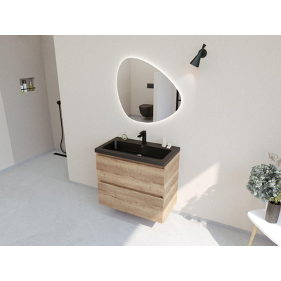 HR Infinity XXL 3d meuble de salle de bain ensemble 80 cm 1 vasque céramique djazz noir mat 1 trou pour robinet 2 tiroirs chêne français