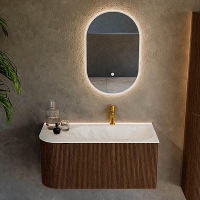 MONDIAZ KURVE-DLUX Meuble de salle de bains 95 cm avec module 25 L couleur Walnut avec 1 tiroir et 1 porte. Lavabo BIG SMALL droit 1 trou de robinet couleur Ostra.