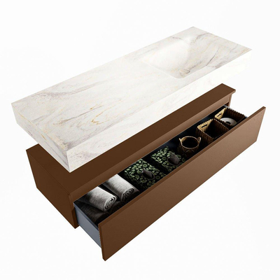 Mondiaz ALAN-DLUX Ensemble de meuble - 130cm - meuble Rust mat - 1 tiroir - Lavabo Cloud Ostra suspendu - vasque droite - 1 trou de robinet