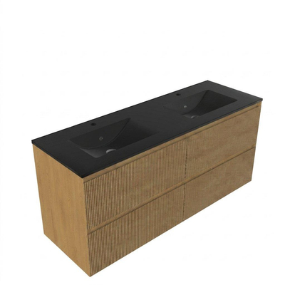 Saniclass Holz Atelier Ensemble de meubles de salle de bains - 140x45x62cm - Lavabo Vygo en céramique noir - 2 vasques - 2 trous de robinet - 4 tiroirs - chêne natural mat (bois)