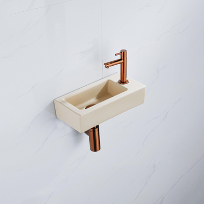 FugaFlow Efficiente Pietra Ensemble de fontaine - 37,5x18,5x9cm - céramique - trou de robinet à droite - robinet de fontaine en cuivre brossé - bouchon de vidange - siphon abaissé - Beige mat