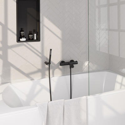 BRAUER Stripe Baddouche Thermostaatkraan - SET 03 - opbouw - wandhouder - staaf handdouche - doucheslang - mat zwart