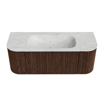 MONDIAZ KURVE-DLUX Meuble de salle de bains 120 cm avec module 25 Len R couleur Walnut avec 1 tiroir et 2 portes. Lavabo BIG SMALL central sans trou de robinet couleur Opalo.