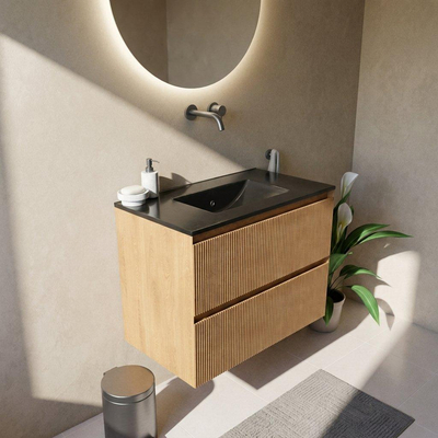 Saniclass Holz Atelier Ensemble meuble de salle de bains - 80x45x62cm - Vasque Vygo en céramique noire - 1 vasque - sans trou de robinetterie - 2 tiroirs - chêne naturel mat (bois)