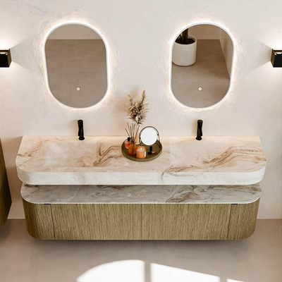 MONDIAZ THOR-DLUX 190cm meuble de salle de bains arrondi gauche + droite couleur Dusk avec 2 tiroirs et 2 portes. Vasque suspendue CLOUD Double 2 trous de robinet couleur Frappe.