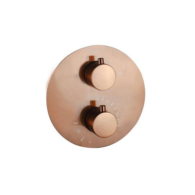 FugaFlow Eccelente Acces Inbouw Regendoucheset - rond - thermostatisch - plafondarm - glijstang - 25cm hoofddouche - staaf handdouche - Geborsteld koper PVD (Koper)