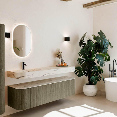 MONDIAZ THOR-DLUX Meuble de salle de bains 170cm arrondi gauche + droite couleur Shadow avec 1 tiroir et 2 portes. Vasque suspendue CLOUD Gauche 1 trou de robinet couleur Nata.