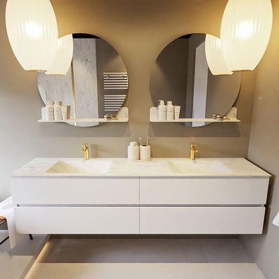 MONDIAZ VICA-DLUX Ensemble meuble de salle de bains - 200cm - meuble bas talc - 4 tiroirs - lavabo encastré cloud double - 2 trous de robinet - version haute 60cm - opalo