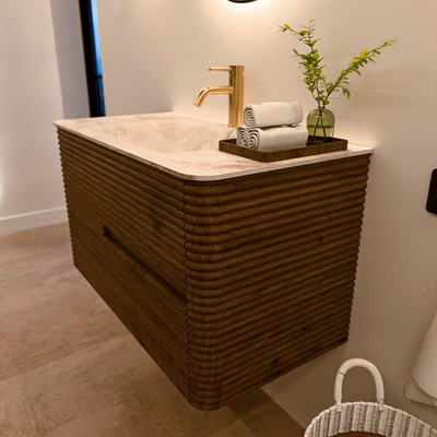 Mondiaz CIRO-DLUX Badkamermeubelset - 90x45x50cm - Solid surface wastafel Frappe - 1 wasbak Midden - 1 kraangat - 2 lades - Dusk