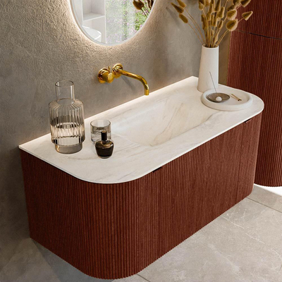 Ensemble de meuble de salle de bain Mondiaz KURVE-DLUX - 100x46x40cm - 1 tiroir - 2 portes - lavabo en solid surface - milieu - sans trou de robinet - Ruby