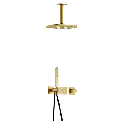 Hotbath Gal Ensemble de douche encastré complet - thermostatique - 2 boutons poussoirs - bras de plafond 15 cm - douche de tête carrée 22 cm - douchette à main stick - laiton brossé PVD