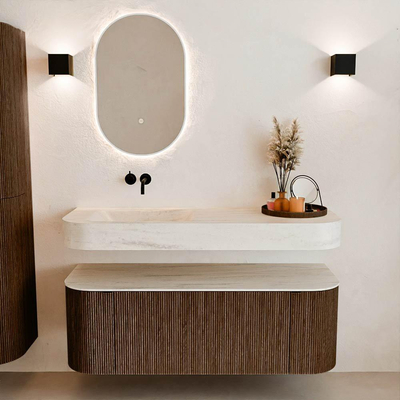 MONDIAZ THOR-DLUX Meuble de salle de bains 130cm arrondi gauche + droite couleur Walnut avec 1 tiroir et 2 portes. Vasque suspendue CLOUD Gauche sans trou de robinet couleur Meli.