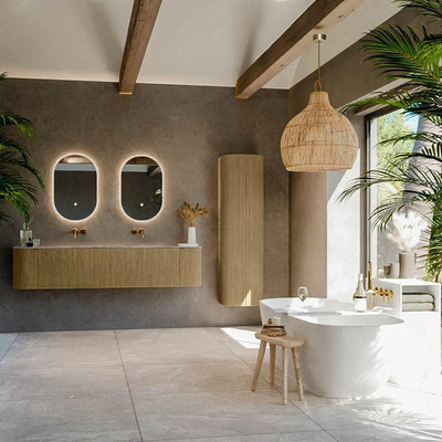 MONDIAZ KURVE-DLUX 190cm meuble de salle de bains arrondi Gauche + Droite couleur Dusk avec 2 tiroirs et 2 portes. Plan-vasque STOR SMALL Double sans trou de robinet Sombra.