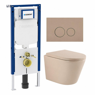 QeramiQ Dely Toiletset - 36.3x51.7cm - diepspoel - rimless - Geberit UP720 inbouwreservoir - softclose toilet zitting - 35mm - bedieningsplaat taupe - ronde knoppen - mat beige