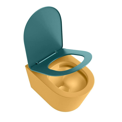 Mondiaz LAVIE hangtoilet – spoelrandloos – 36 x 53 cm – met softclose zitting – Ocher (geel), zitting Smag (groen)
