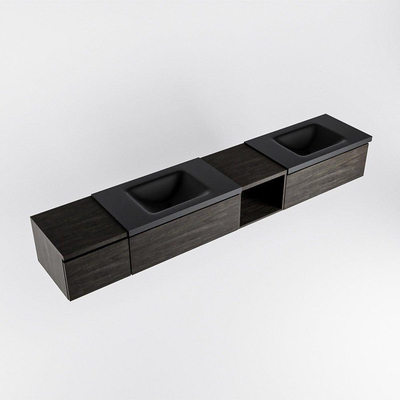 MONDIAZ BUKLA 240cm ensemble de meuble avec module ouvert 40 à droite couleur Marron Foncé avec 3 tiroirs. Lavabo CLOUD double 2 trous de robinet couleur Urban.