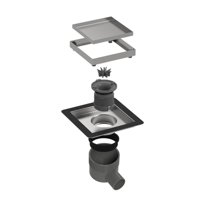 Easy drain Aqua Plus Quattro Drain de sol - 20x20cm - grille carrelable - sortie latérale - profondeur d'encastrement 8cm - inox brossé.
