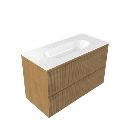 Saniclass Holz Atelier Ensemble de meubles de salle de bains - 100x45x73.9cm - lavabo Chaci en céramique blanc - 1 vasque - sans trou de robinetterie - 2 tiroirs - chêne natural mat (bois)