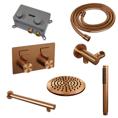 BRAUER Copper Edition Thermostatische Regendouche inbouw - drukknoppen - SET 49 - 20cm hoofddouche - rechte muurarm - staaf handdouche - doucheslang - wandaansluitbocht - koper geborsteld PVD