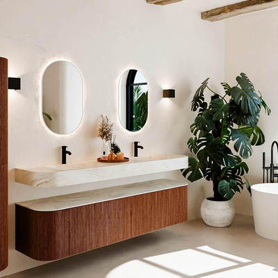 MONDIAZ THOR-DLUX Meuble de salle de bains - 190cm - arrondi gauche + droite - couleur Ruby - 2 tiroirs et 2 portes - Lavabo suspendu CLOUD Double 2 trous de robinet - couleur Ostra