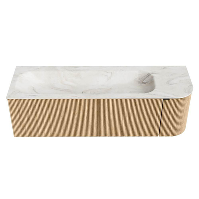 MONDIAZ KURVE-DLUX Meuble de salle de bains 145 cm avec module 25 R couleur chêne avec 1 tiroir et 1 porte. Lavabo BIG LARGE gauche sans trou de robinet couleur Ostra.