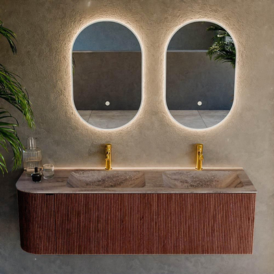MONDIAZ KURVE-DLUX Meuble de salle de bains 145cm arrondi à gauche couleur Ruby avec 1 tiroir et 1 porte. Lavabo LEAF Double / Droite 2 trous de robinet Oza.