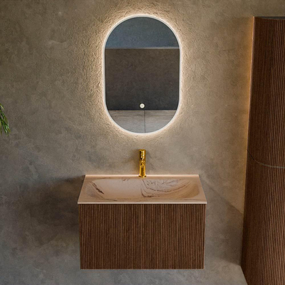 MONDIAZ KURVE-DLUX 70cm badmeubel kleur Walnut met 1 lade en 0 deuren. Wastafel BIG SMALL Midden 1 kraangat Arena.