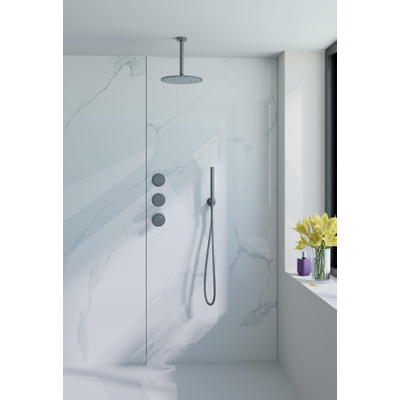 Fortifura Nebbio Regendoucheset - inbouwkraan - inbouwdeel - wandaansluitbocht - doucheslang glad - staafhanddouche - 20cm plafondarm - ronde hoofddouche - geborsteld gunmetal PVD