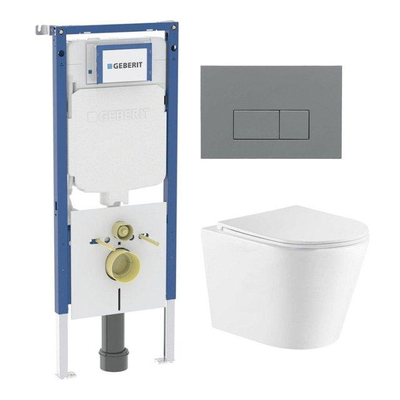QeramiQ Dely Toiletset - 36.3x51.7cm - diepspoel - rimless - Geberit UP720 inbouwreservoir - softclose toiletzitting - bedieningsplaat licht grijs - rechtehoekige knoppen - wit glans