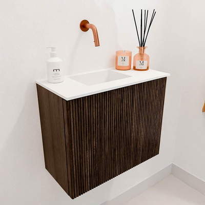 Mondiaz JOYA 50cm toiletmeubel - kleur Walnut - Wastafel FAYE positie Links Zonder kraangat kleur Talc.