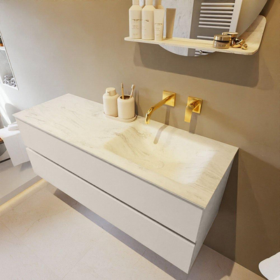 Mondiaz VICA-DLUX ensemble de meuble de salle de bain - 130cm - meuble sous-vasque lin - 2 tiroirs - lavabo encastrée cloud droite - sans trous de robinet - version haute de 60cm - opalo