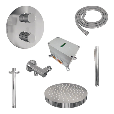 BRAUER Stripe Thermostatische Inbouw Regendouche - 3-weg - rond - SET 39 - 25cm douchekop - plafondarm - staaf handdouche - doucheslang - wandaansluitbocht - chroom