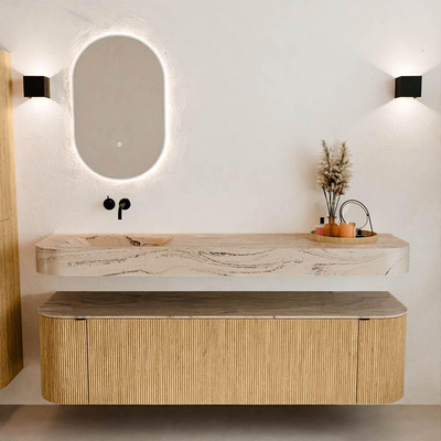 MONDIAZ THOR-DLUX Meuble de salle de bains - 170cm - arrondi gauche + droite - couleur Oak - 1 tiroir et 2 portes - Vasque suspendue CLOUD Gauche sans trou de robinet - couleur Arena